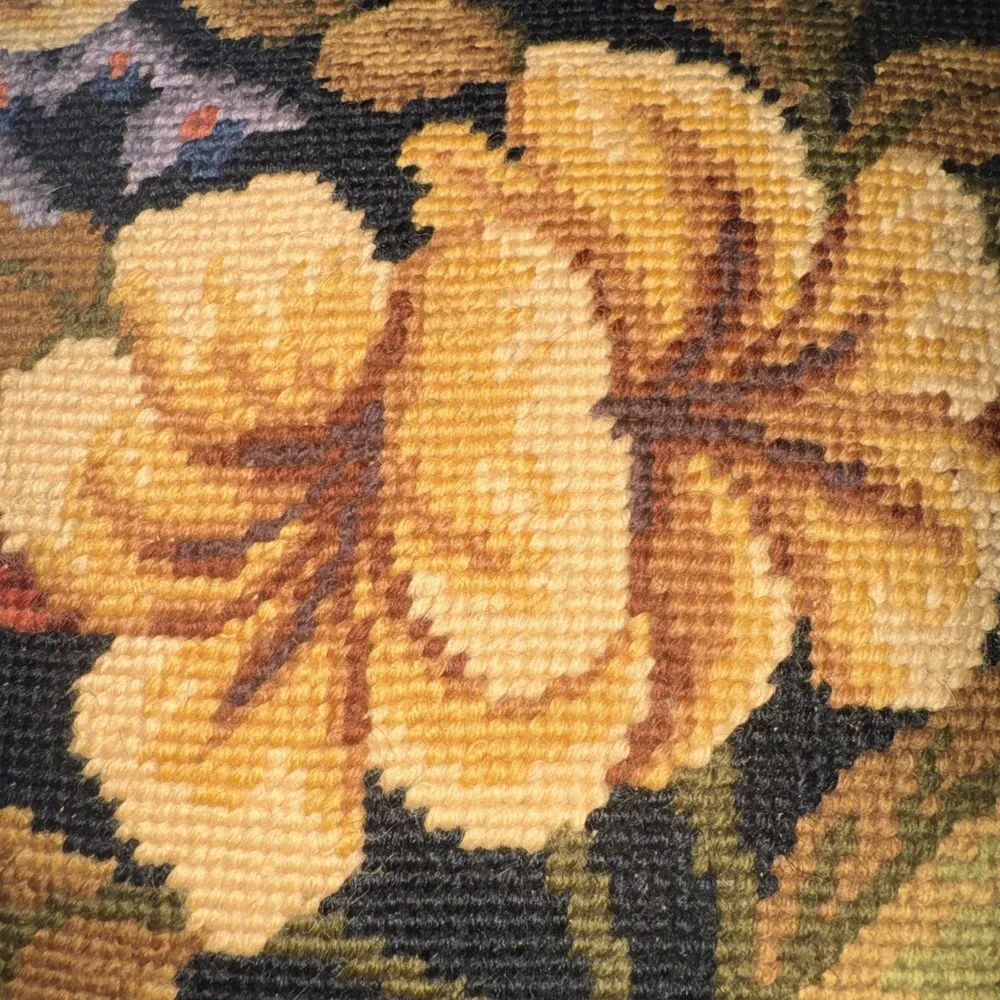 Vintage Floral Wool Black Needlepoint Throw Pillow Cottage Decor 11